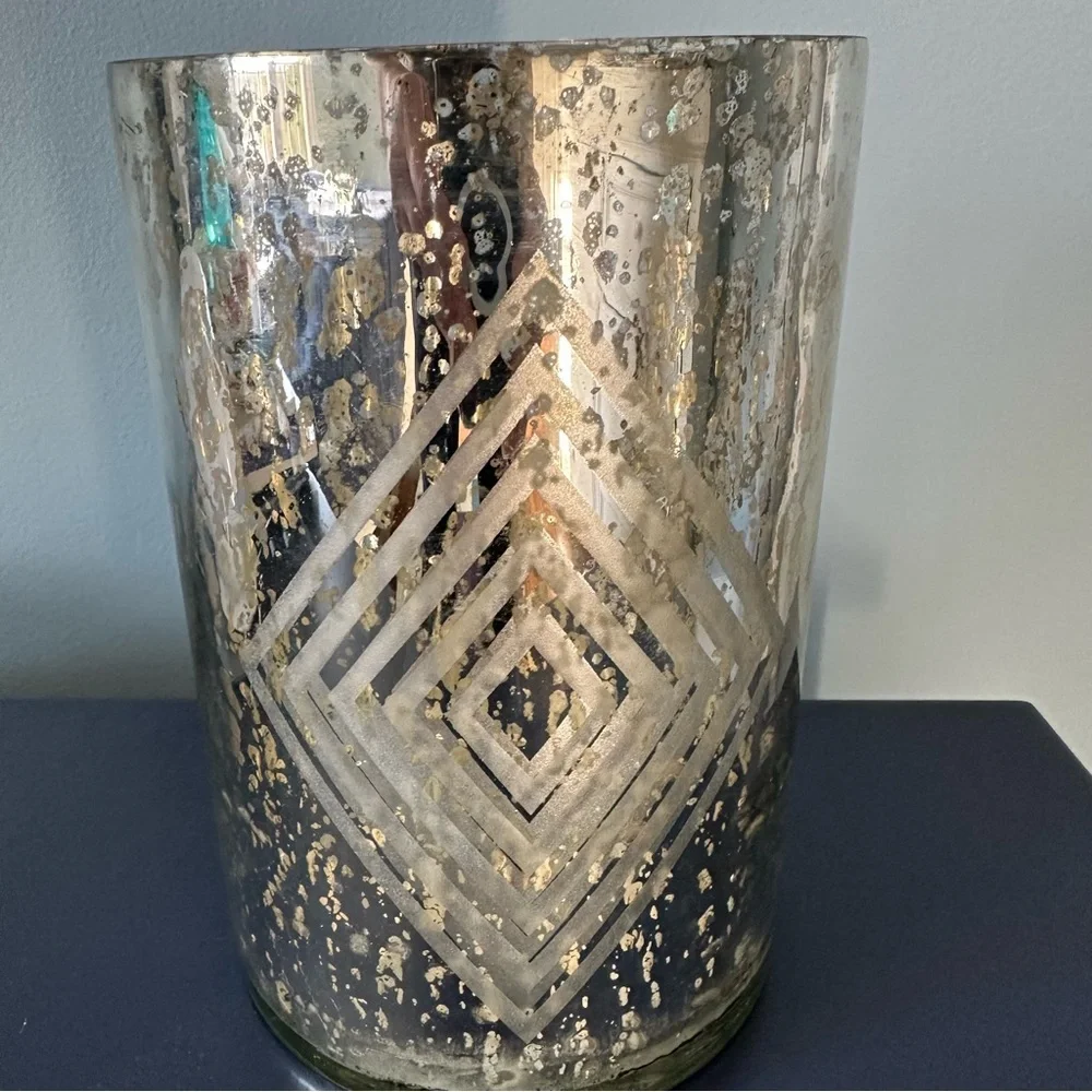 Home Essentials Mercury Glass Diamond Geometric Pillar Candle Holder Vase 7 1/2”